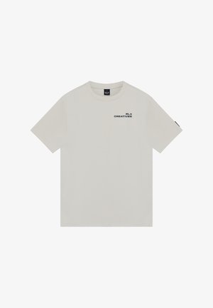 Lysebeige t-shirt lavet af bomuld, med korte ærmer, rund halsudskæring og et trykt logo i mørkeblå på fronten og ærmet.