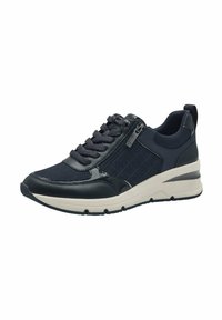 Sneaker blu con una combinazione di pelle liscia e tessuto texturizzato. Presenta una cerniera funzionale, punta rotonda e una suola imbottita.