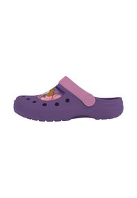 Purple clog featuring a pink strap and vent holes, with a colorful graphic design on the side. Made of lightweight, flexible material.