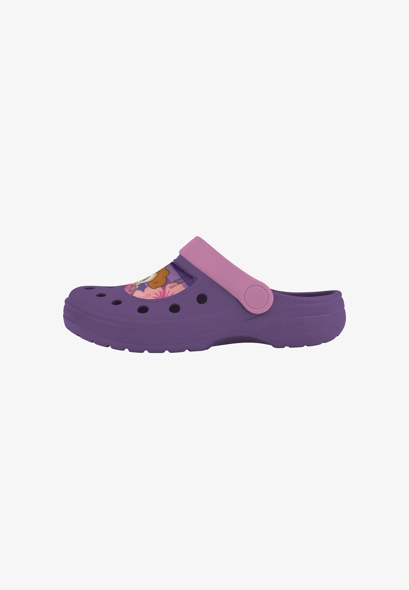 Purple clog featuring a pink strap and vent holes, with a colorful graphic design on the side. Made of lightweight, flexible material.