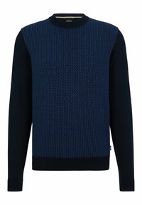 Marineblauer Pullover mit einem strukturierten blauen Rautenmuster auf der oberen Hälfte, gerippten Bündchen und Saum sowie einem abgerundeten Ausschnitt.