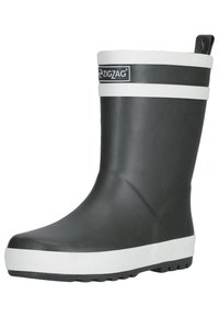 Bottes de pluie en caoutchouc noir avec des accents en caoutchouc blanc autour du haut et de la semelle. Semelle texturée pour une meilleure adhérence, avec une languette pour un enfilage facile.