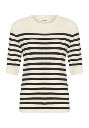 Kreemivärvi lühikeste varrukatega triibuline kampsun mustade horisontaalsete triipudega. Omab ümarat kaelust ja soonikkoes äärt. Pehme kudumismaterjal.