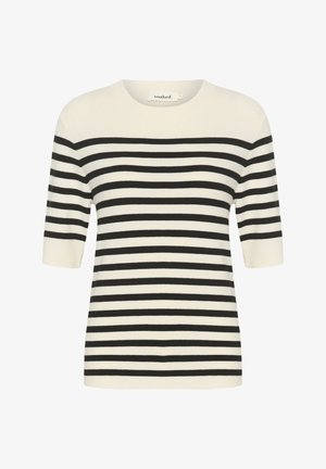 Kreemivärvi lühikeste varrukatega triibuline kampsun mustade horisontaalsete triipudega. Omab ümarat kaelust ja soonikkoes äärt. Pehme kudumismaterjal.