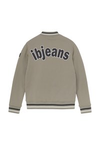 Szary sweter z dużym, pogrubionym napisem "ibjeans" na plecach. Posiada paski na kołnierzyku i mankietach rękawów w kontrastowych, ciemnych kolorach.