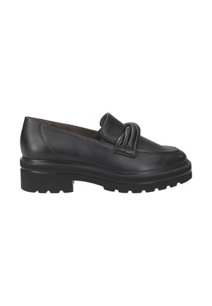 Schwarze Lederloafer mit einem Knotendetail im Obermaterial, ausgestattet mit einer stabilen, strukturierten schwarzen Gummisohle und einem glatten, abgerundeten Zehendesign.
