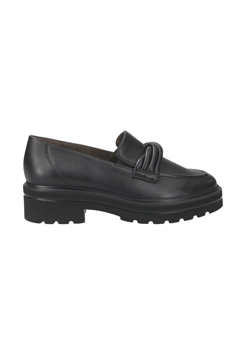 Mocasines de cuero negro con detalle de nudo en la parte superior, que presentan una suela de goma negra gruesa y texturizada, y un diseño de punta redondeada suave.