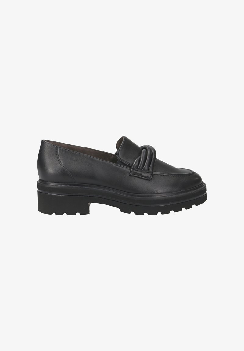 Mocasines de cuero negro con detalle de nudo en la parte superior, que presentan una suela de goma negra gruesa y texturizada, y un diseño de punta redondeada suave.