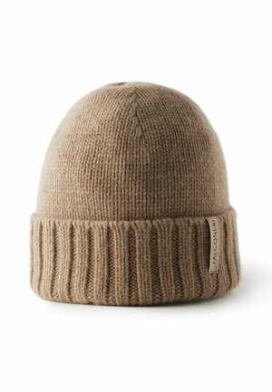 Beige strikket uld beanie-hat med foldet ribkant og lille mærke på kanten med teksten Falconeri.