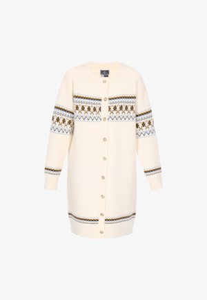 Cardigan crème mi-longueur en tissu doux, avec un empiècement à motifs en nuances de gris et d'or, et de gros boutons dorés.