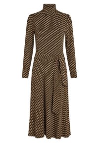 Abito con maniche lunghe in un tessuto marrone scuro con un motivo geometrico in beige e rosa. Presenta un collo alto e una cintura legata in vita con tasche.