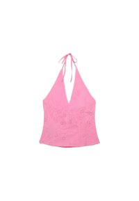 Haut halter rose avec broderie florale ajourée et bretelles à nouer, avec un décolleté en V profond et un corsage cintré.