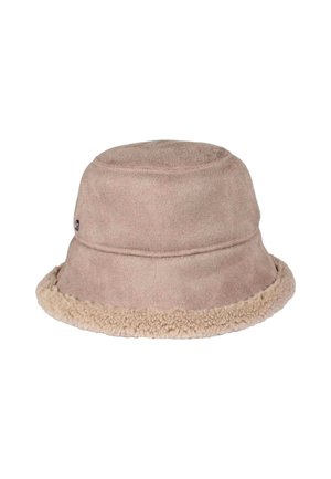 Bucket hat in light brown suede with a fluffy beige fleece trim. Features a rounded crown and stitched detailing on the body.