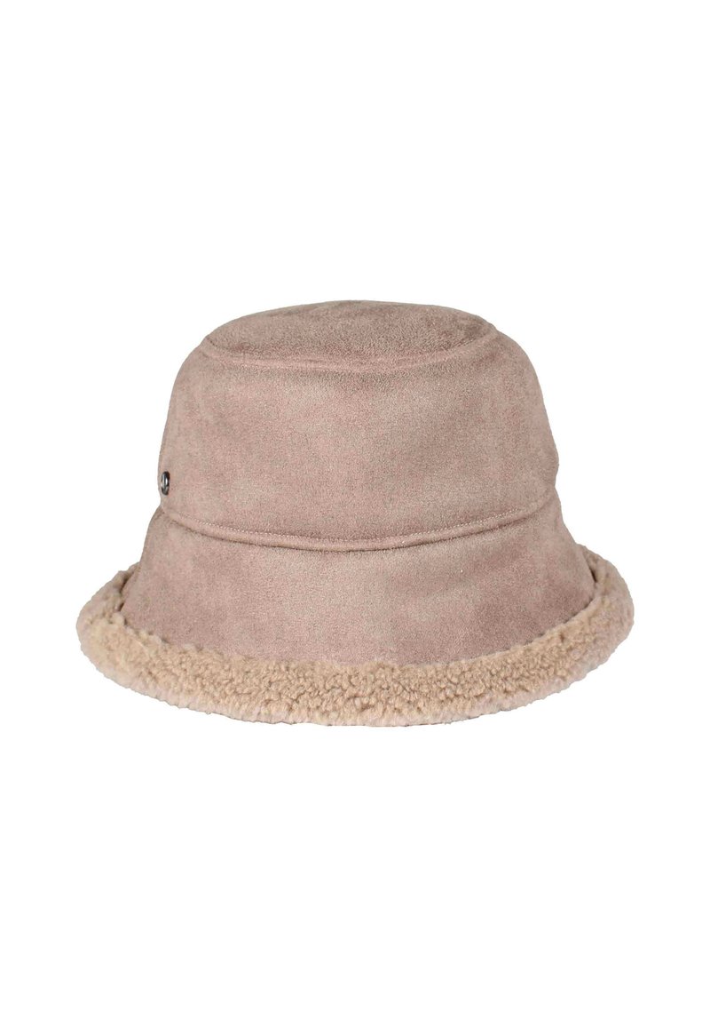 Pălărie tip bucket din suede maro deschis cu o margine pufoasă din fleece bej. Dispune de o coroană rotunjită și detalii cusute pe corp.