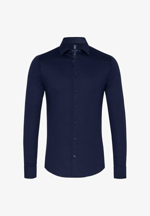 Marineblauw overhemd met lange mouwen van gladde stof, met een klassieke kraag en knoopsluitingen aan de voorkant en manchetten.