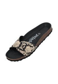 Slide-sandaal met een zwarte synthetische zool, voorzien van een faux slangenprints bovenkant in beige en bruin, accentueert door een zwarte gesp detail.