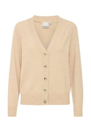 Un cardigan beige en tissu doux, avec un col en V, des manches longues et six boutons décoratifs sur le devant. Texture lisse, coupe décontractée.