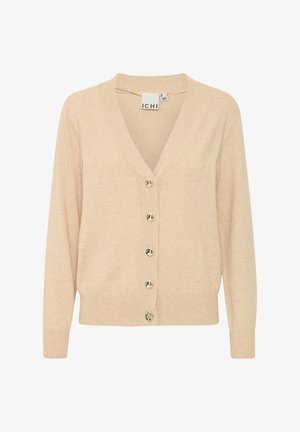 Cardigan beige realizzato in tessuto morbido, con scollo a V, maniche lunghe e sei bottoni decorativi nella parte anteriore. Tessuto liscia, vestibilità comoda.
