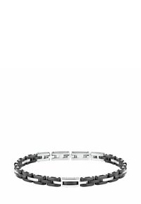 Bracciale in metallo nero e argento, caratterizzato da anelli intrecciati con superfici lisce e piccoli accenti, che mettono in risalto un motivo di colore contrastante.