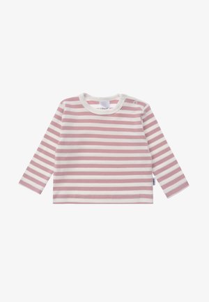 Long-sleeve shirt in pale pink and white stripes. Soft cotton material with a round neckline and snap button detail on the shoulder.