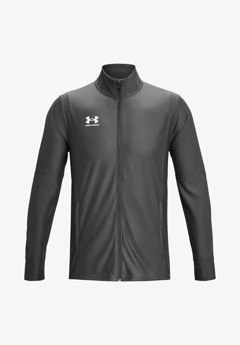 Black athletic jacket with a high collar, full zip, long sleeves, and Under Armour logo. Made from smooth, lightweight material.