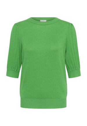 Pull court vert en maille avec poignets côtelés, manches bouffantes et col rond.