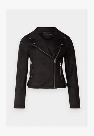 Musta mokkanahkainen moottoripyörätakki, jossa on epäsymmetrinen vetoketju, napillinen kaulus, vetoketjulliset taskut ja muotoiltu istuvuus. Sileä pinta ja lyhyt malli.