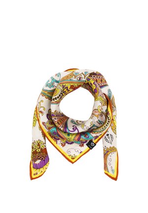 Square silk scarf with colorful paisley and floral patterns in yellow, orange, purple, blue, and brown on a white background, folded in a loop.