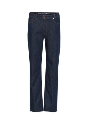 Mörkblå denimjeans med rak passform, med dragkedja, fram- och bakfickor samt fransade kantdetaljer.