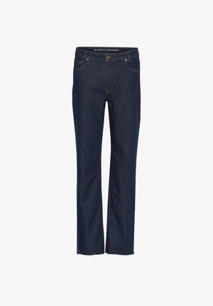 Jean en denim bleu marine avec une coupe droite, dotés d'une fermeture éclair, de poches avant et arrière, et de détails à ourlet effiloché.