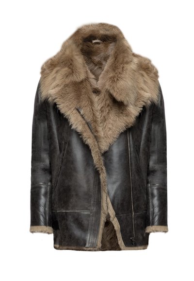 Giacca di pelle marrone con un grande colletto di pelliccia beige e morbida, dotata di una zip frontale e tasche laterali, caratterizzata da una texture opaca.