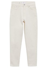 Jeans de denim blanco con un corte recto, diseño de cinco bolsillos, cremallera de botones y detalles de costura sutiles en la cintura y los dobladillos.
