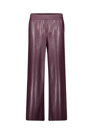 Brede broek in diep bordeauxkleurig leer. Heeft een elastische tailleband en een soepele textuur, met een vloeiende, rechtlijnige snit.
