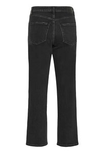 Black denim jeans with a straight leg design, featuring two back pockets, subtle stitching details, and a clean hem finish.