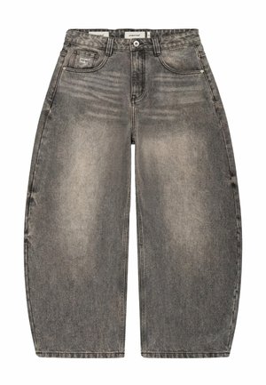 Széles szárú, fekete, kopott hatású farmer rövidnadrág öt zsebbel és gombos záródással, apró "project blue" logóval az első zseben.