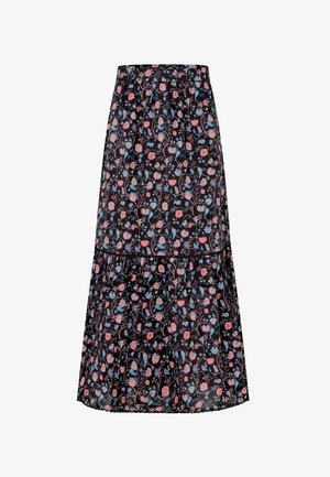 Sort lang nederdel med lyserødt og blåt blomsterprint, lagdelt design og elastisk taljebånd.