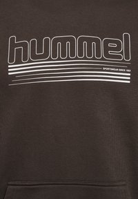 Brauner Hoodie mit weißem "hummel"-Textlogo und horizontalen Linien. Aus weichem Stoff gefertigt, mit einer Kängurutasche auf der Vorderseite.