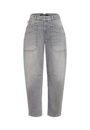 Light grey denim jeans with a relaxed fit, featuring two front pockets and a zippered pocket detail. The pant legs taper slightly at the ankle.