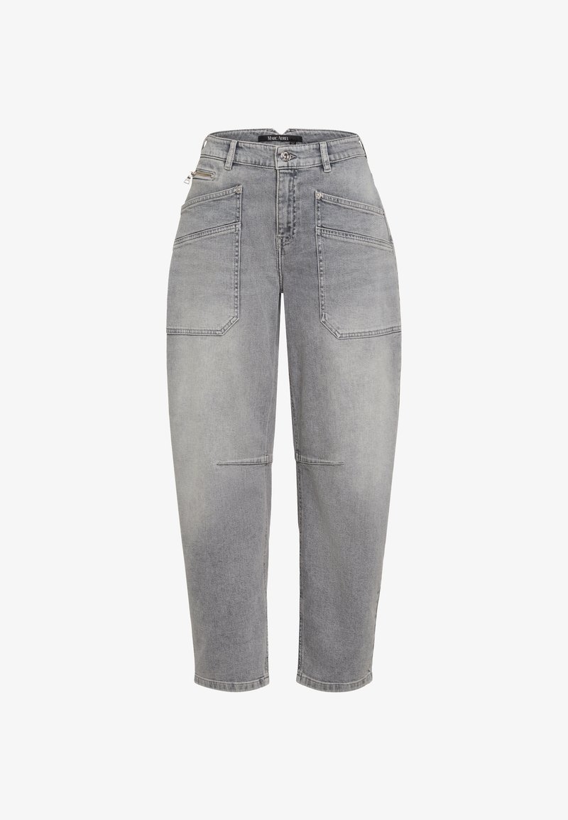 Light grey denim jeans with a relaxed fit, featuring two front pockets and a zippered pocket detail. The pant legs taper slightly at the ankle.