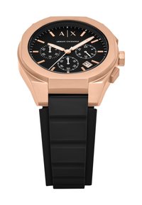 Orologio oro rosa con quadrante nero caratterizzato da tre sottodial, cinturino in gomma nera e finestra della data alle 4.