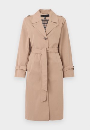 Beige trenchcoat i knälängd med bälte, en knappstängning, axelremmar, ärmremmar och rutigt innerfoder.