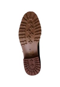 Suola di scarpa in gomma marrone con motivi di grip testurizzati e dettagli in rilievo, contrassegnata con la taglia "39" e ulteriori marcature sul tallone.