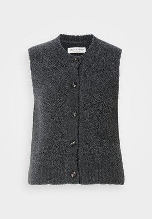 Gray wool vest with a textured finish, featuring a rounded neckline and five black buttons down the front. No sleeves, casual design.