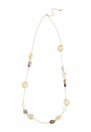 Long gold chain necklace with irregular gold shapes, circular links, and mixed gray, white, and purple stone beads evenly spaced.