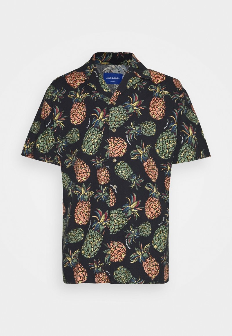 Chemise noire à manches courtes avec des motifs d'ananas colorés en orange et vert, avec un col, des boutons sur le devant et une étiquette de marque à l'intérieur.