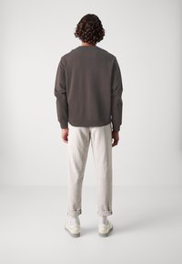 Felpa in cotone grigio scuro con scollatura a girocollo; abbinata a chinos beige chiaro arrotolati e sneakers bianche. Design semplice e vestibilità rilassata.