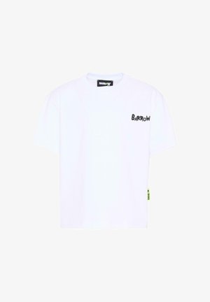 Maglietta bianca a maniche corte con logo "BARROW" nero sul petto a sinistra e piccolo etichetta "BARROW" verde neon sul lato sinistro.