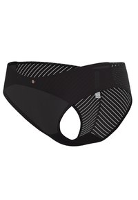Zwarte ondergoed met een hoge taille, voorzien van een gestreept patroon en een gestructureerde tailleband. Gemaakt van lichtgewicht, ademend materiaal.