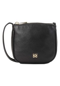 Černá kožená crossbody taška s texturovaným povrchem, zlatým zipem a akcentem loga. Kompaktní, zaoblený tvar s odnímatelným popruhem.