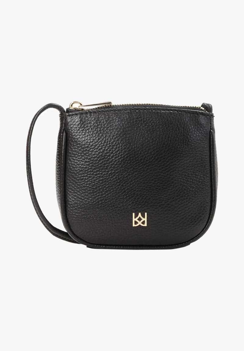 Černá kožená crossbody taška s texturovaným povrchem, zlatým zipem a akcentem loga. Kompaktní, zaoblený tvar s odnímatelným popruhem.
